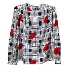 Eva Laurel Vintage 80s Floral Plaid Jacquard Blouse Princess Diana Demure Cutesy